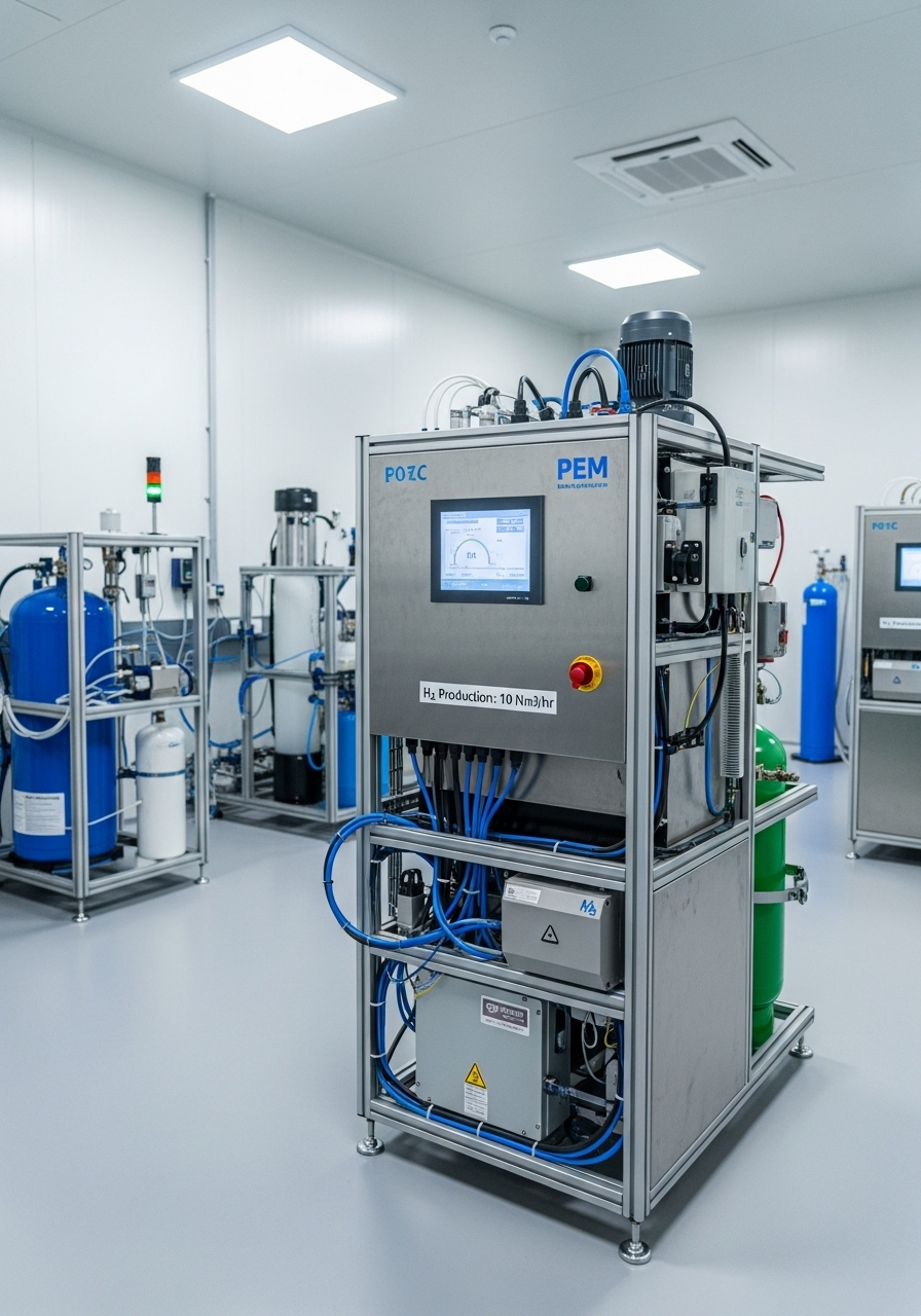 PEM Electrolyzers for Hydrogen Production - Industrial equipment MHE-Series with detailed technical specifications and certifications