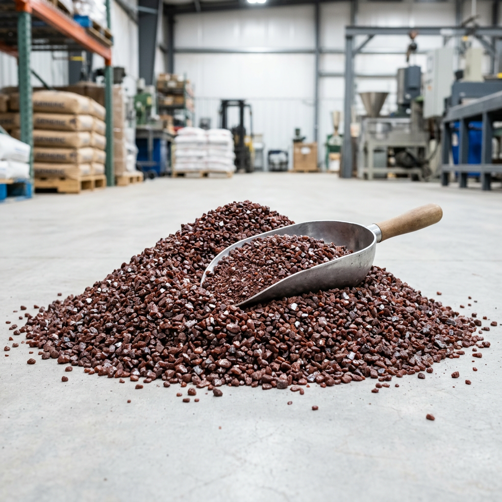 Natural almandine garnet blasting abrasive — red-brown angular granules for surface preparation