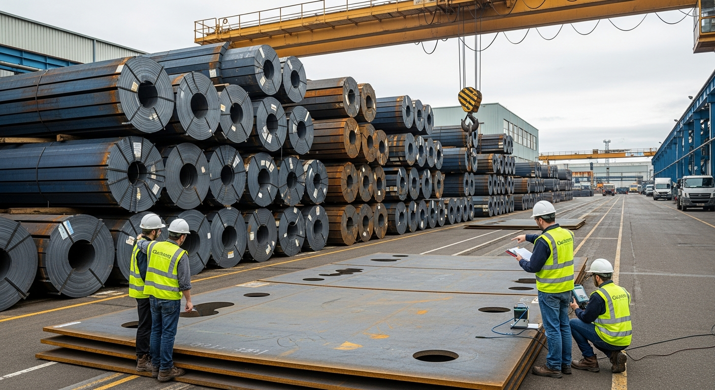 Stacks of marine shipbuilding structural steel plate in a steel mill yard awaiting class-society inspection
