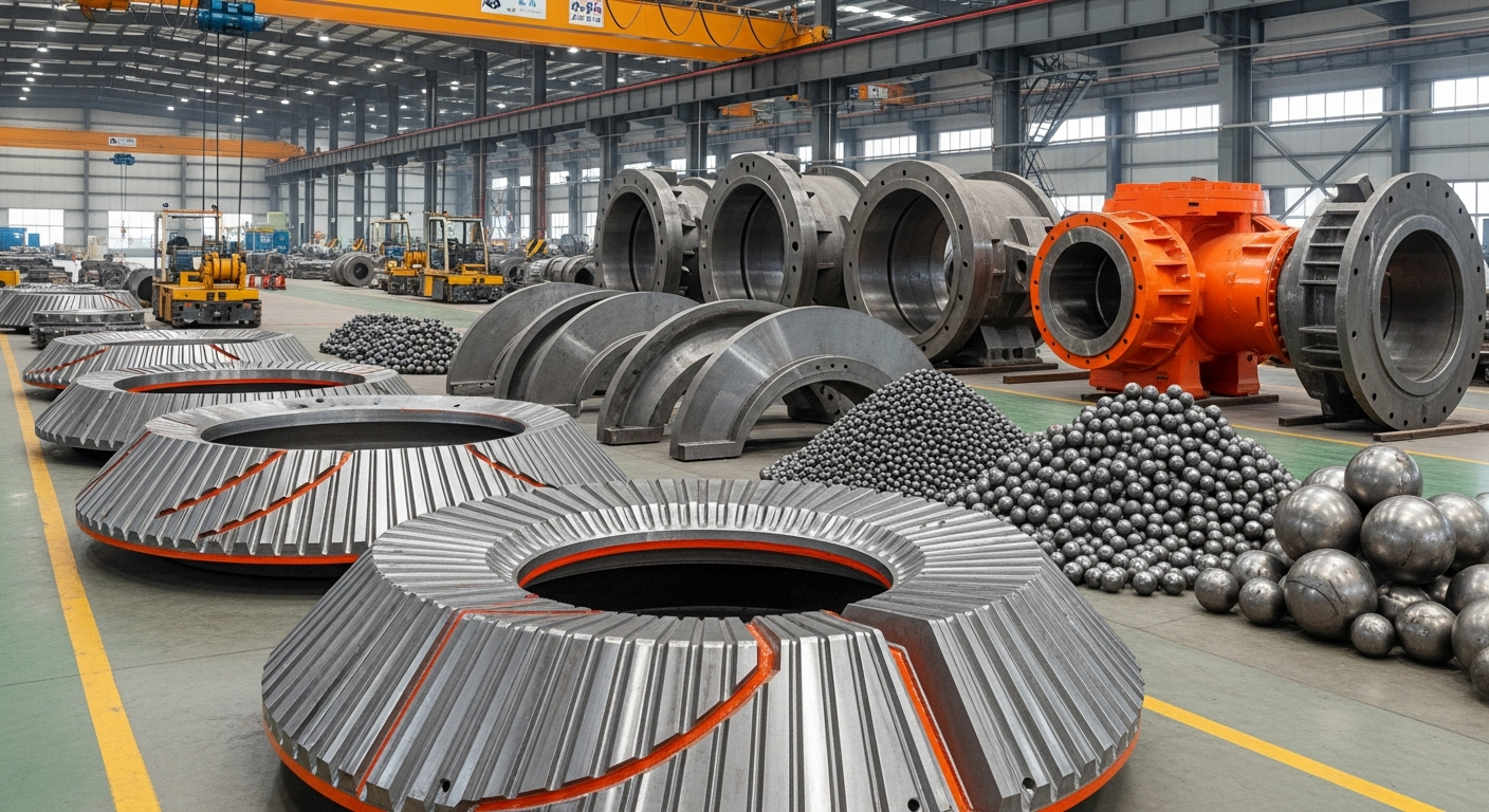High-chrome crusher wear liners, mill liners, grinding media, and slurry pump castings on a Chinese mining-equipment factory floor