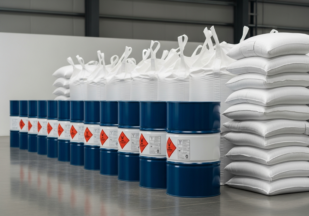 Mining process reagents — sealed chemical drums and bulk sacks of sodium cyanide, activated carbon, quick lime, and copper sulphate