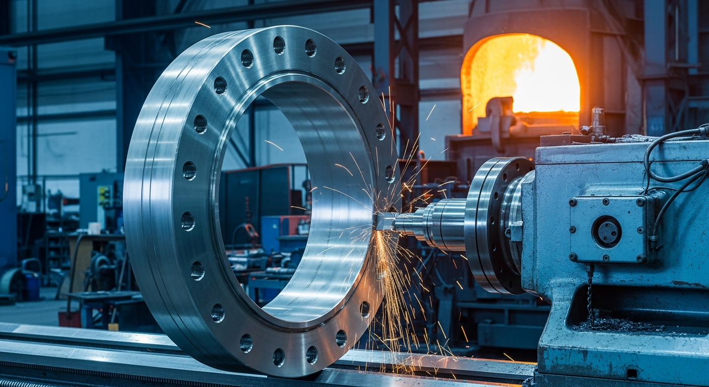 Large-diameter forged steel flange for an offshore wind monopile foundation being machined in a forging shop