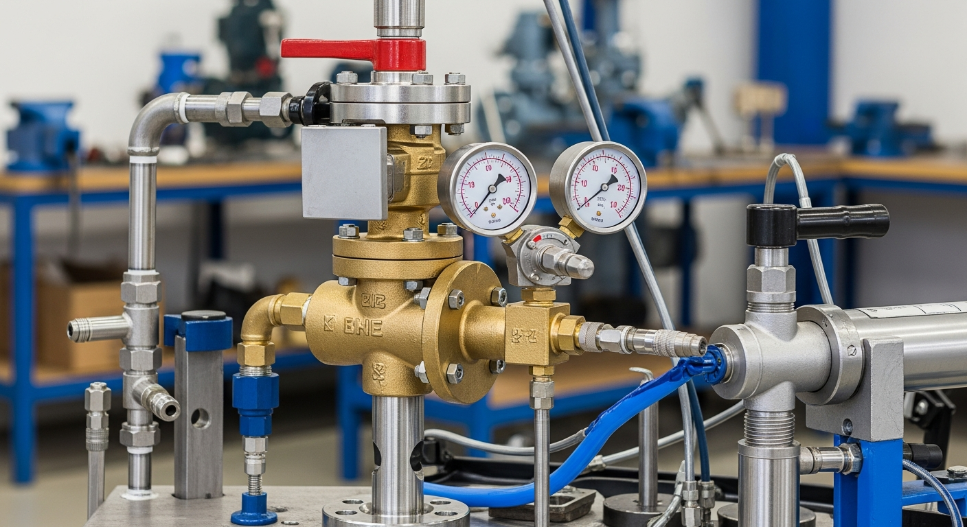 Industrial pressure relief safety valve mounted on a calibration test bench in a valve workshop