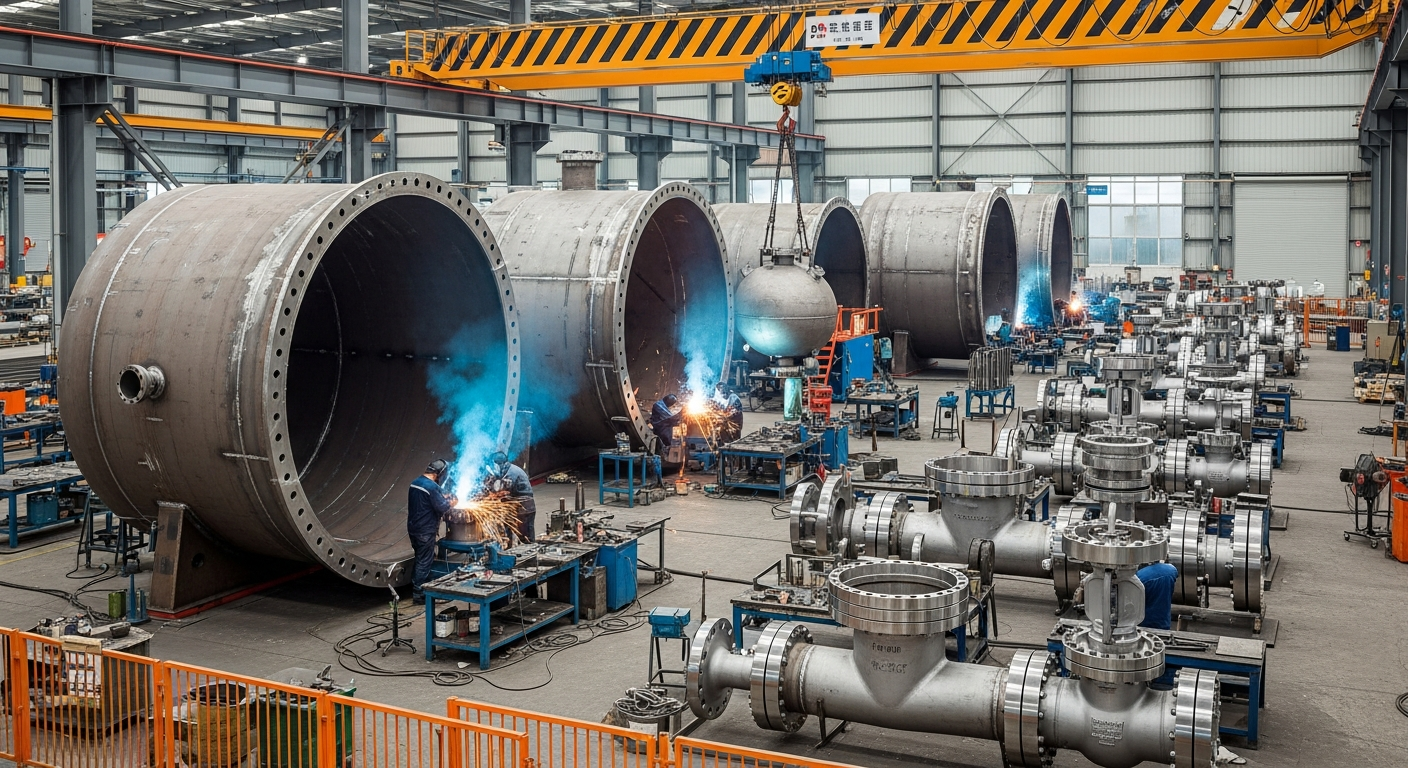 Pressure vessels and industrial valves mid-fabrication in a Chinese oil and gas equipment workshop