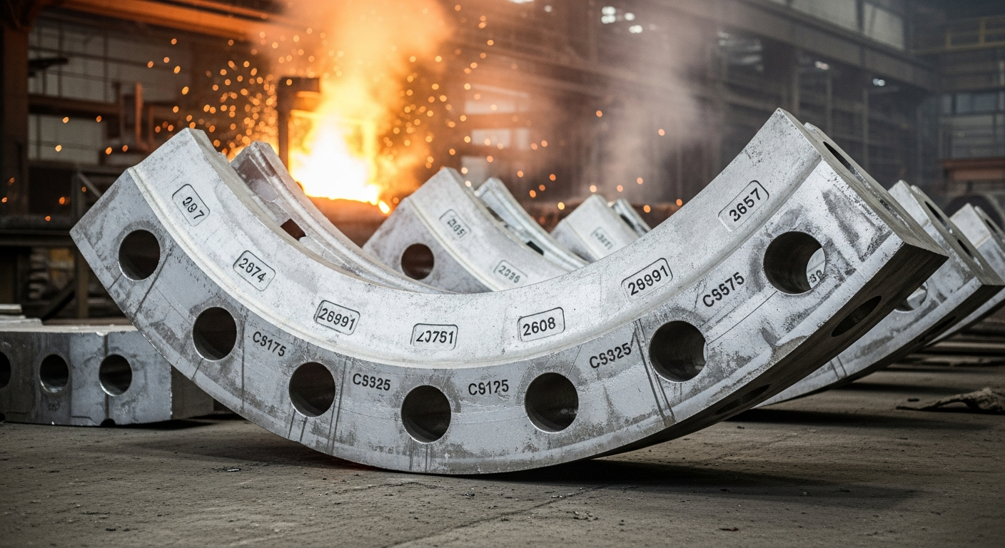 Heavy white-iron SAG mill liner castings with identification tags on a foundry floor